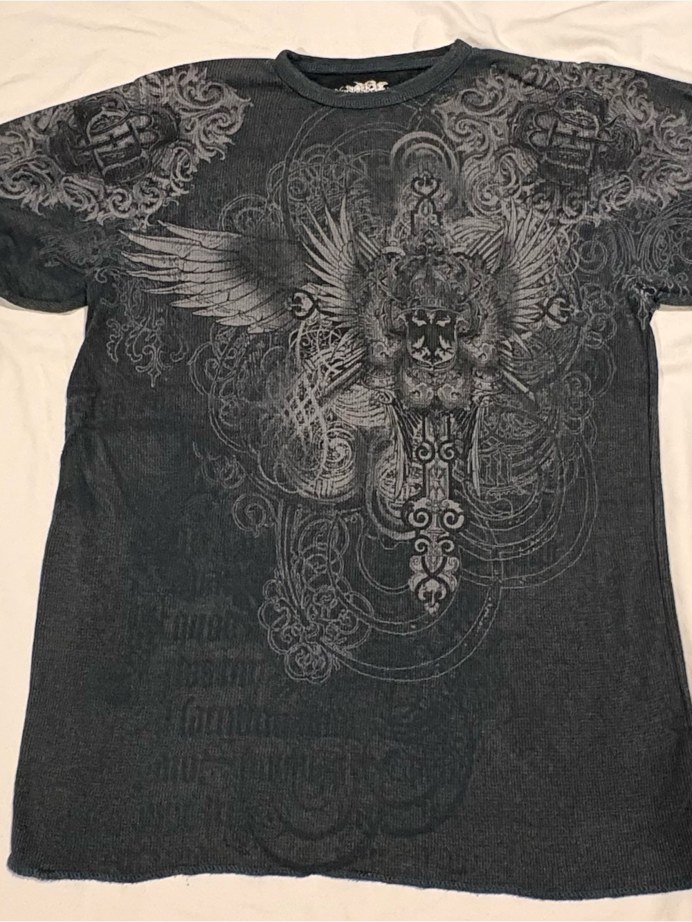 Y2k Dikotomy Winged  Cross Graphic Grey Thermo Sweatshirt Mens Sz:Large